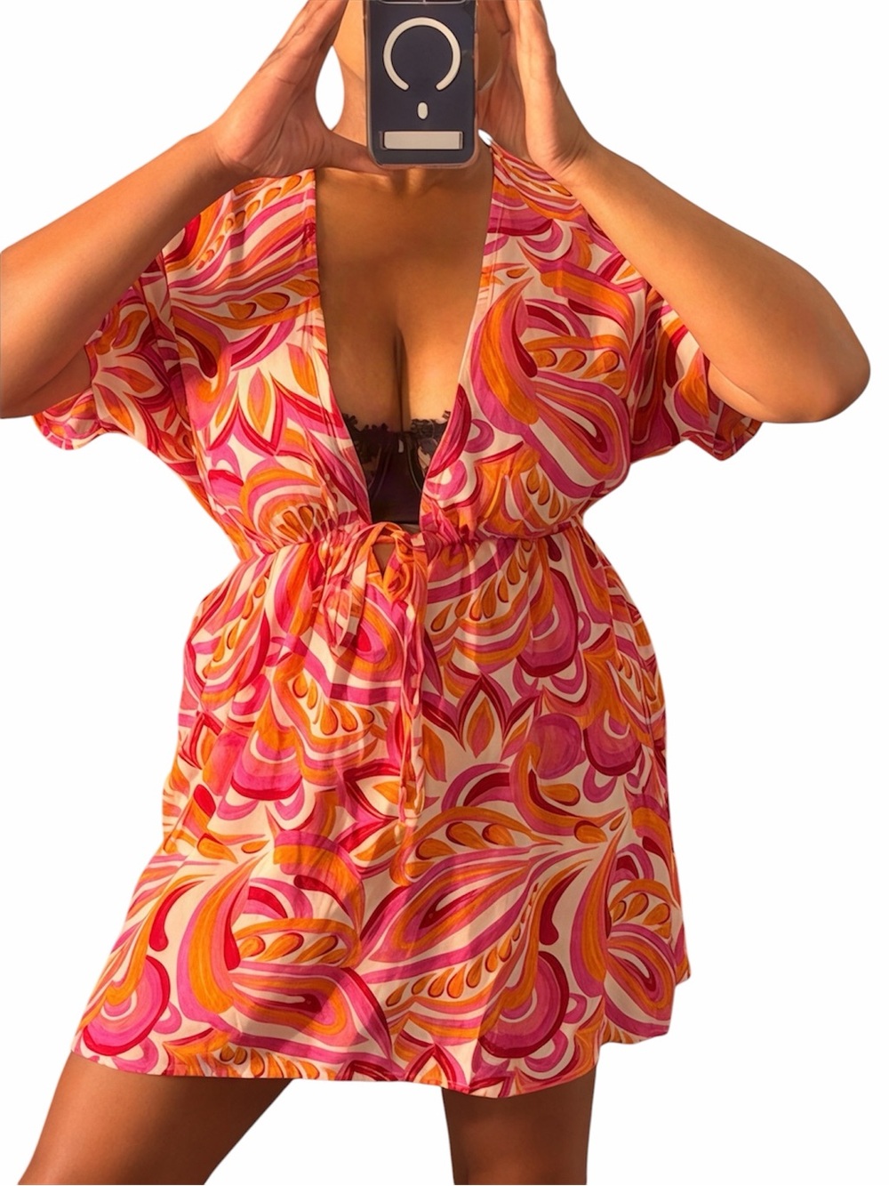 Crescent Bay Retro Paisley Mini Dress Pink Orange Tie Waist M NWT